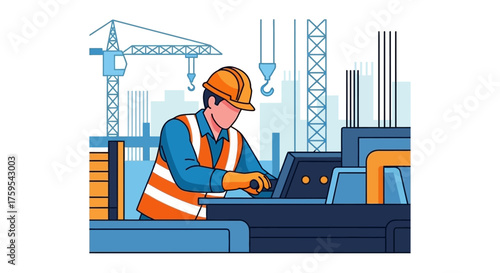 Construction professional operating controls at a busy urban building site Safety and development