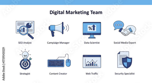 Digital Marketing Team roles illustrated with blue icons in two rows