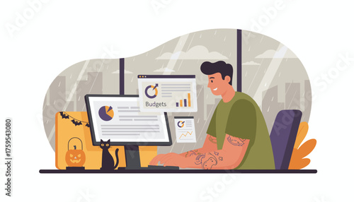 Happy man doing finances on computer with Halloween decorations and a black cat
