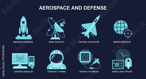 Eight light blue icons illustrating aerospace and defense roles on a dark blue background
