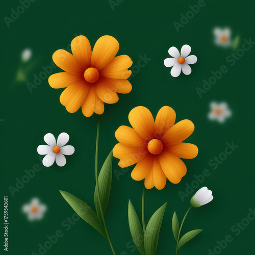 Orange flower and white daisy with green leaves on dark green background, bright and cheerful floral illustration for spring or summer design