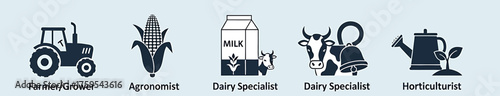 Five icons representing agricultural roles tractor corn milk cartoncow cowbell watering cansprout