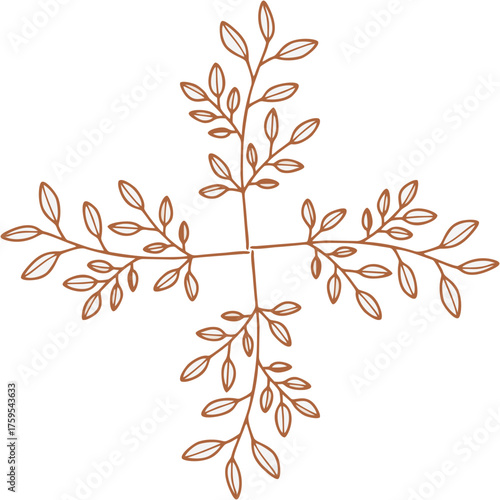 A delicate terracotta vine motif forms a symmetrical cross on white, symbolizing nature’s simplicity, grounded beauty, and graceful continuity.