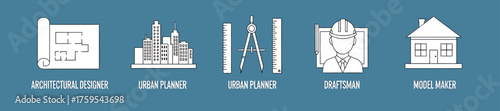 Five white line icons representing architecture professions on a blue background