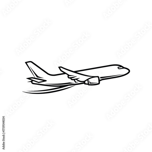 Airplane Outline Drawing in Flight, Commercial Jet Aircraft Line Art Vector Icon Isolated on White Background for Travel Logo