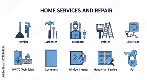 Icons for ten home services and repair professions laid out in two rows
