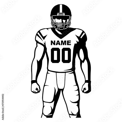 American Football Player Standing Front View Line Art Template, Customizable Jersey, Sport, Strong