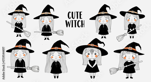 A charming collection of hand-drawn cute witches wearing black hats and dresses. Playful minimal Halloween illustration in ink style, perfect for stickers, prints, and children’s magical designs.