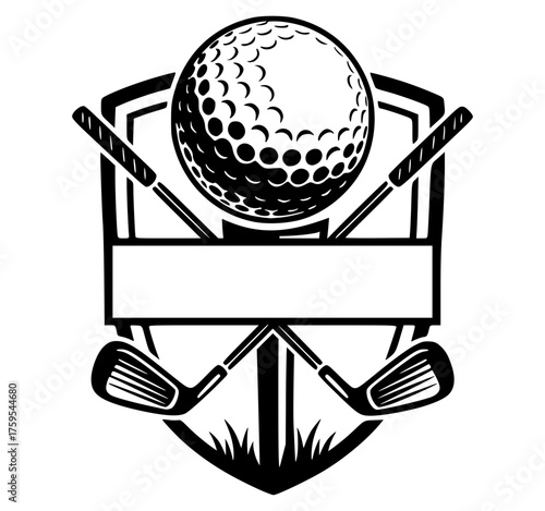 Golf Ball and Crossed Clubs Split Monogram Shield Emblem Template Black and White, Sport Crest, Customizable