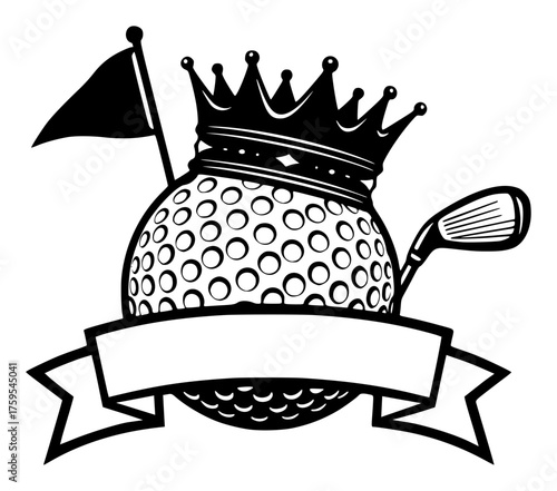 Golf Ball with Crown Flag Club and Blank Ribbon Banner Black and White, Monogram, Sport King Emblem, Custom Text