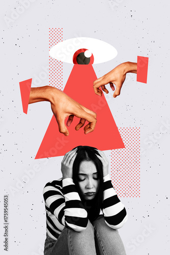 Quadro su tela Composite design 3D photo collage of two hand catch eye ray scanning escape remo