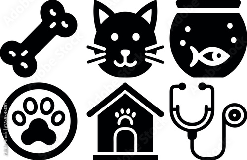 Pet care icon set dog bone cat face fishbowl paw print pet house stethoscope