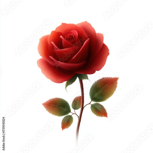 Red rose flower with green and red leaves on white background, symbol of love and beauty with delicate petals and natural elegance