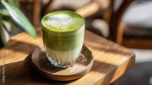 透明グラスの抹茶ラテとミルクフォーム カフェの木のテーブル / Matcha Latte with Creamy Milk Foam in Transparent Glass on Wooden Cafe Table