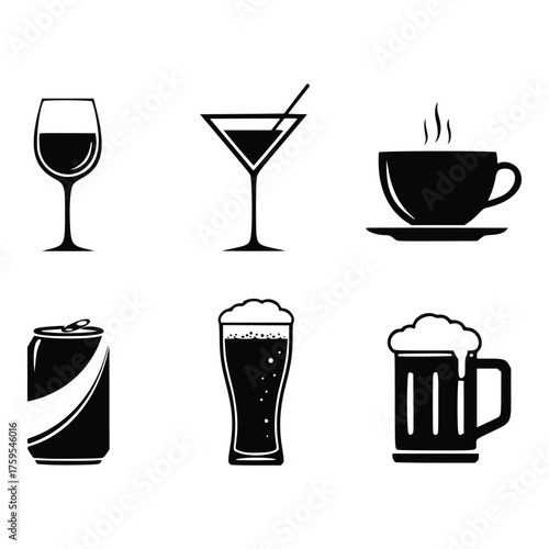 Collection of various beverage icons including wine, cocktail, coffee, soda, and beer.