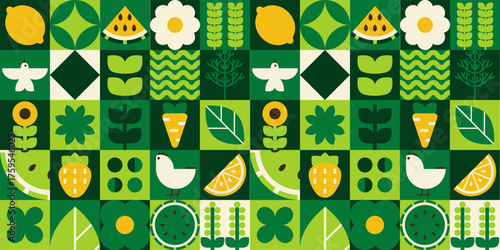 Swiss agriculture mosaic featuring bird chicken fruit vegetable watermelon carrot.
