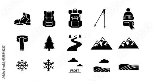 Winter hiking icons: gear, nature, and scenery in black silhouette style