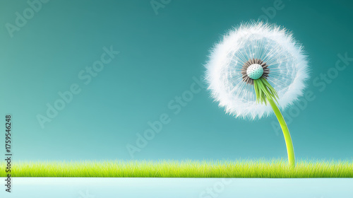 Dandelion seed head with white fluffy seeds standing tall on green grass under clear blue sky, evoking calm and peaceful feeling