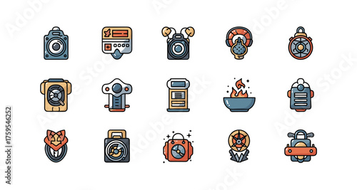 Retro gadget icons set with modern color accents
