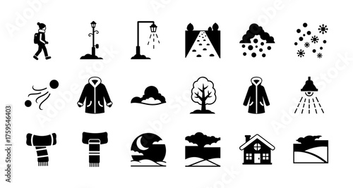 Winter silhouette icons: coats, snowflakes, trees, and seasonal scenes in black and white