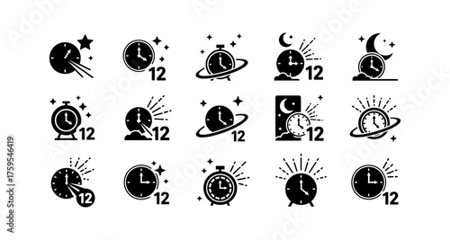 Creative clock icons with cosmic themes and nighttime elements