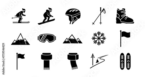 Winter sports equipment and activities icon set in monochrome style