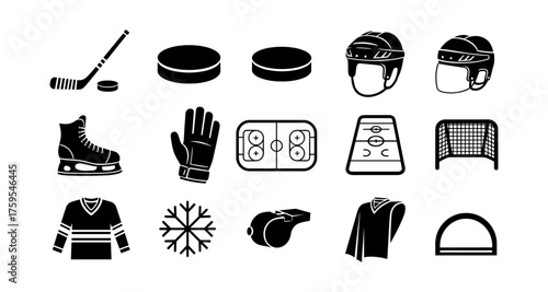 Hockey icons set: gear, equipment, and symbols in black silhouette style