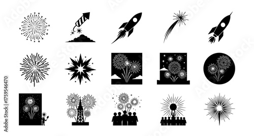 Collection of black silhouette fireworks and rockets icons for celebration designs