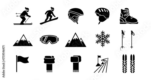 Winter sports icons set featuring skiing and snowboarding equipment in silhouette design