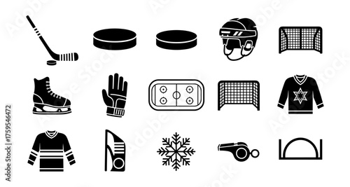 Hockey icon set: gear, sport equipment, and symbols in silhouette style
