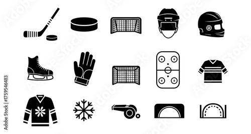 Black and white icons of hockey equipment and rink elements