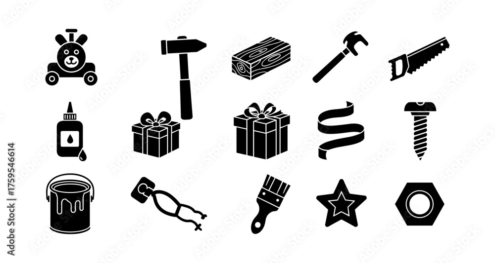Obraz premium Black and white tool and gift icons collection for diy and crafting themes
