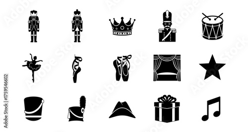 Festive nutcracker and ballet icons in black silhouette style for holiday themes