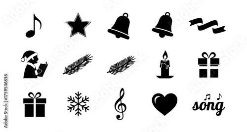 Black silhouette christmas icons set featuring musical and festive elements