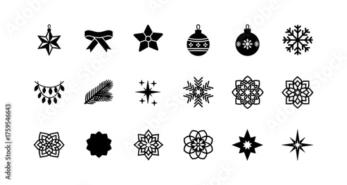 Christmas icon set: festive black and white silhouettes for holiday decorations
