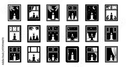 Candle silhouettes through winter windows: nighttime serenity in black and white