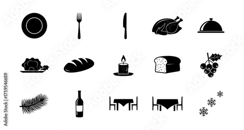 Holiday dining elements: festive silhouettes of food, table setting, and seasonal decorations