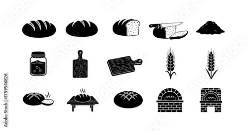 Bakery silhouettes: bread, wheat, cutting boards, and ovens in minimalist design