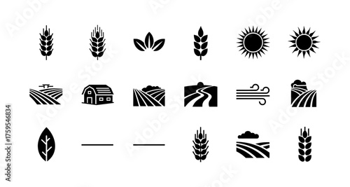 Agricultural icons set: silhouette collection of farming and nature symbols