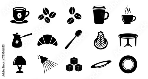 Coffee shop icons: silhouette style for café and bakery themes
