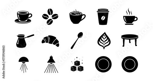 Silhouette icons of coffee, cafe elements, and kitchenware collection