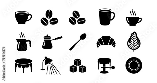 Coffee icon set featuring cups, beans, and brewing tools in bold silhouette style