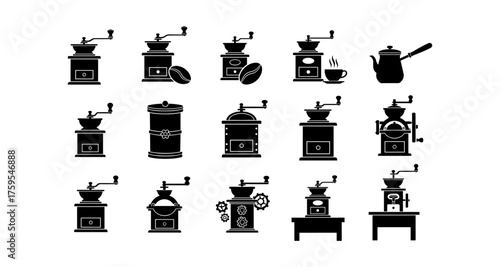 Collection of vintage coffee grinders and accessories in silhouette style