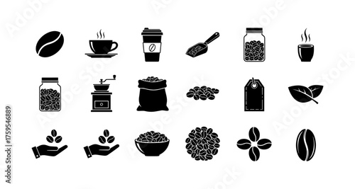 Silhouette icons of coffee beans, cups, and brewing essentials in black and white