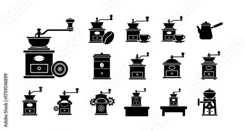 Vintage coffee grinder silhouettes with accessories in retro style