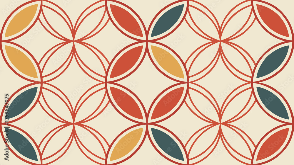 Repeating geometric pattern with overlapping ovals in retro color scheme