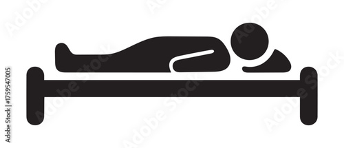 Simple black silhouette shows person resting horizontally on a bed against white background