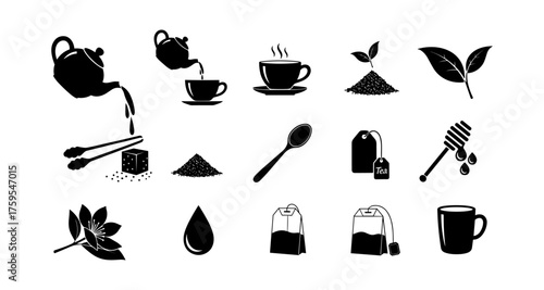 Tea icons set: silhouette styles of leaves, cups, teapots, and accessories