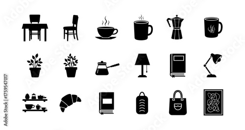 Minimalist silhouette kitchen and home objects collection with coffee and plant elements