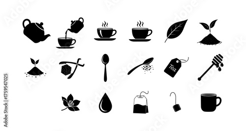 Classic tea elements in silhouette style for beverage and culinary designs